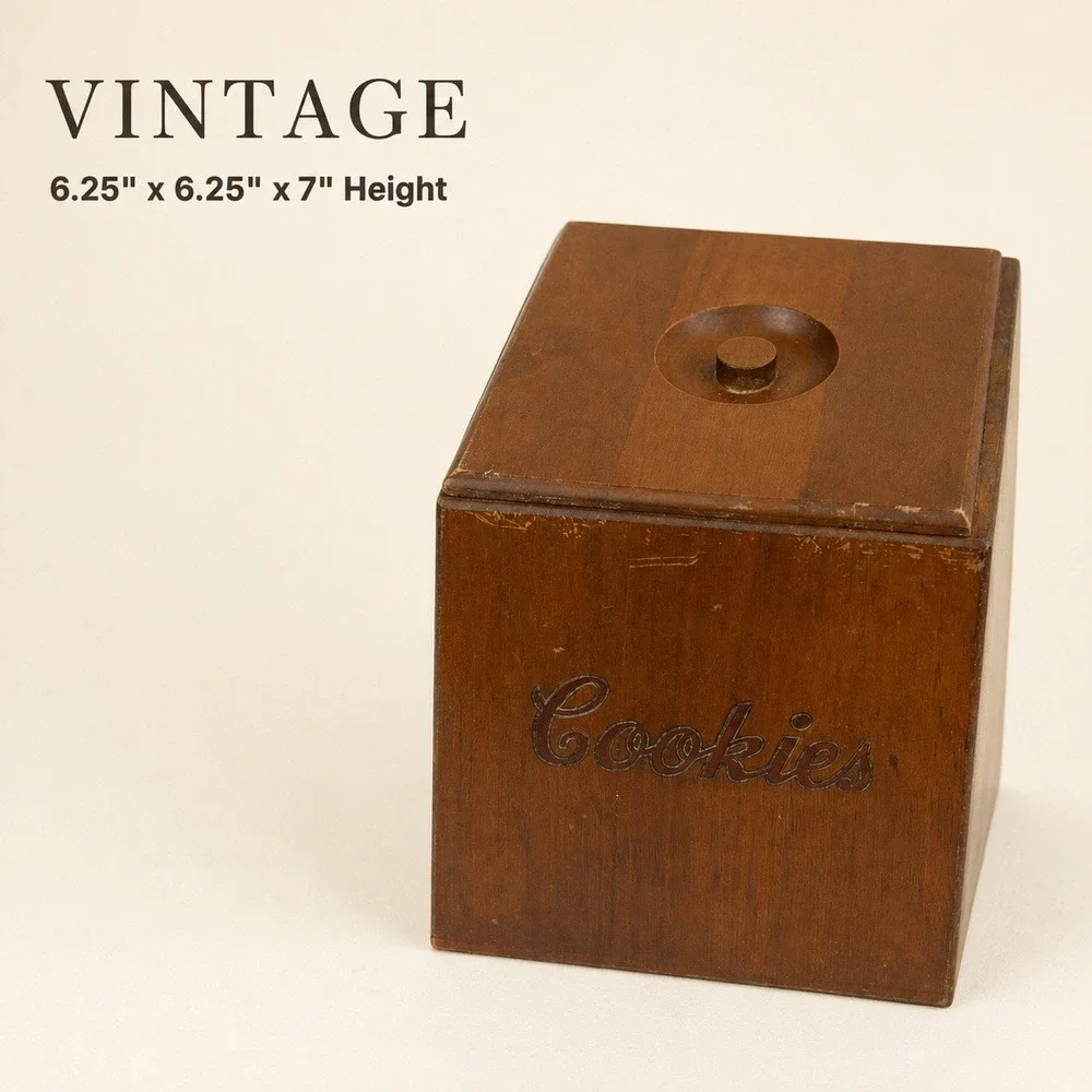 Vintage Wooden Cookie Jar Slanted Top Engraved Wood Kitchen Storage Canister